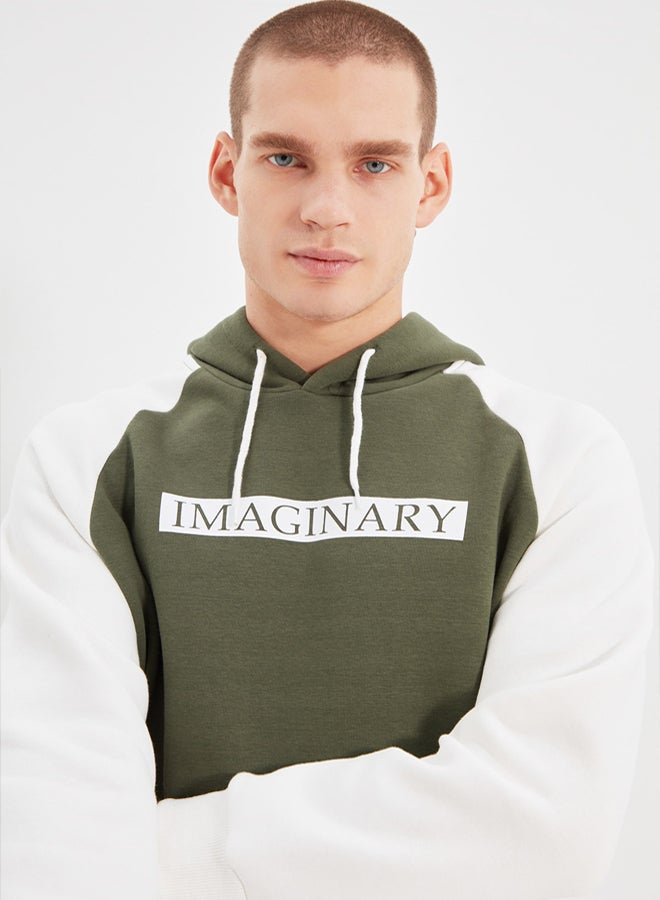 trendyol KHaki Slogan Printed Fleece SWeatshirt  Regular Fit - Image 3