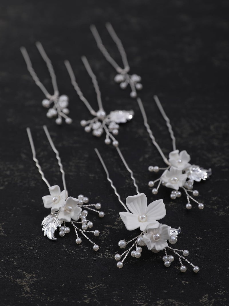 SELFCLOUD Handmade Pearl Bridal Wedding Hair Pins 6Pcs White Flower Gold Leaf Pearls Clips Bridal Hair Accessories for Women Brides Bridesmaid - Image 5