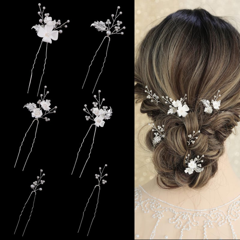 SELFCLOUD Handmade Pearl Bridal Wedding Hair Pins 6Pcs White Flower Gold Leaf Pearls Clips Bridal Hair Accessories for Women Brides Bridesmaid - Image 1