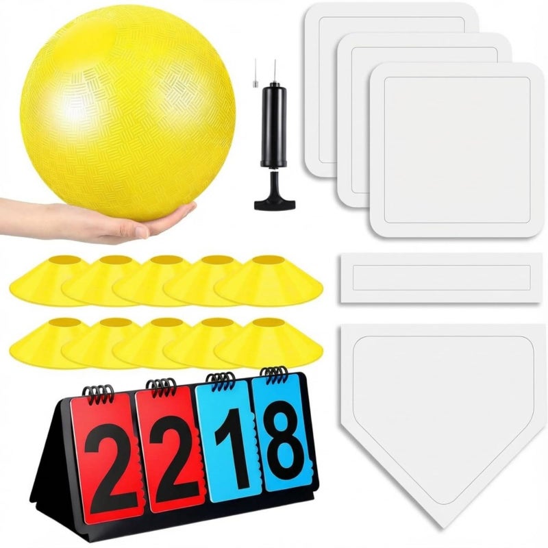 Jenaai 18 Pcs Sports Kickball Set Includes Playground Ball 5 Rubber Throw Down Bases Ball Pump Scoreboard Net Bag 10 Foul Line Cones for Adults Playground Backyard Game10 InchYellow - Image 2