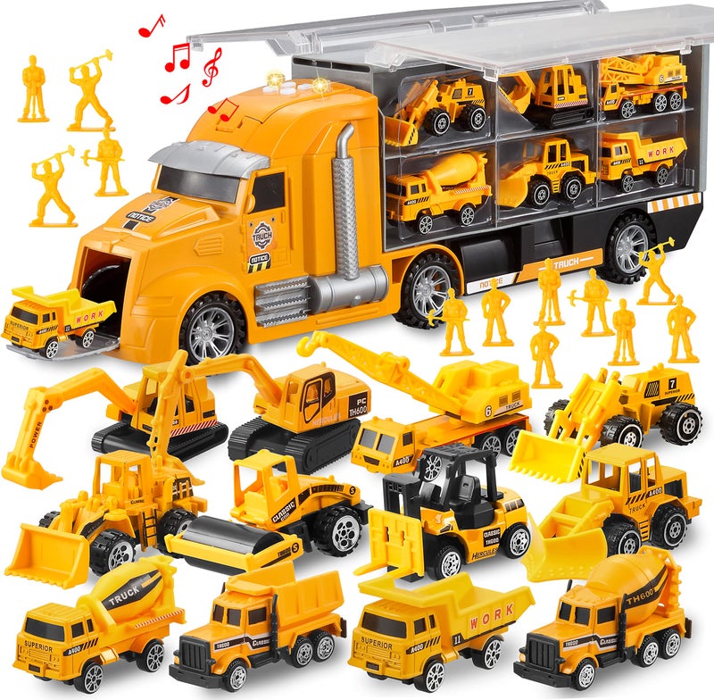 JOYIN 25 in 1 Kids Construction Truck Toy Set, 24Pcs Push and Go Cars and Worker Figures, Toddler Play Vehicles with Sounds and Light, Christmas Birthday Gifts Toys for 3 4 5 6 7 Years Old Grandkids - Image 1