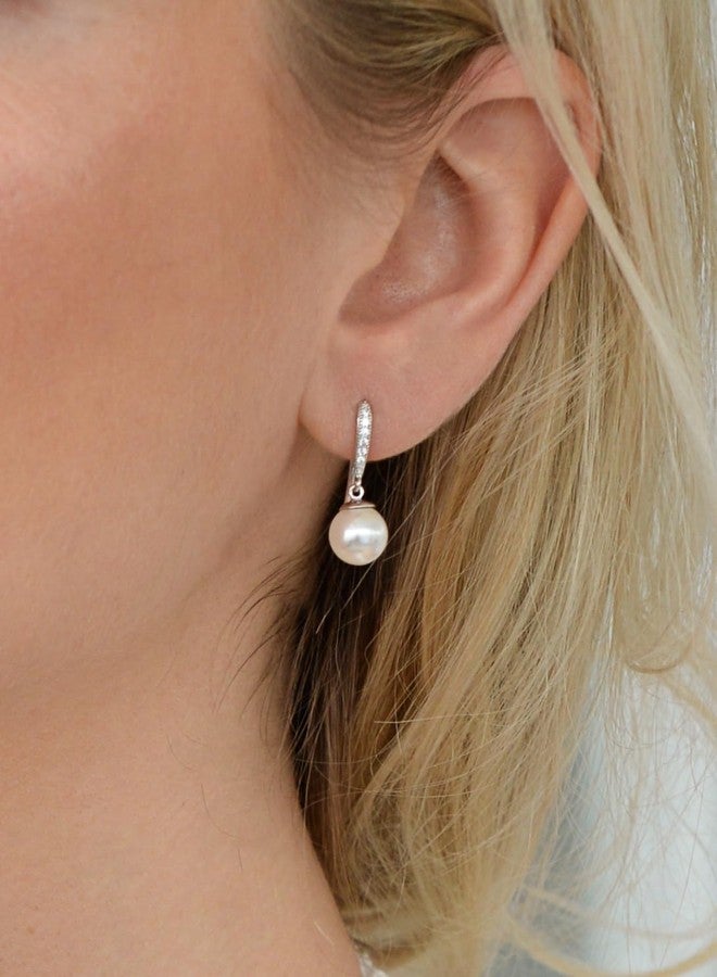 Mariell Pearl Drop Earrings, 8mm, French Wire Top with CZ Crystal for Bride, Wedding or Birthday Gift - Image 3