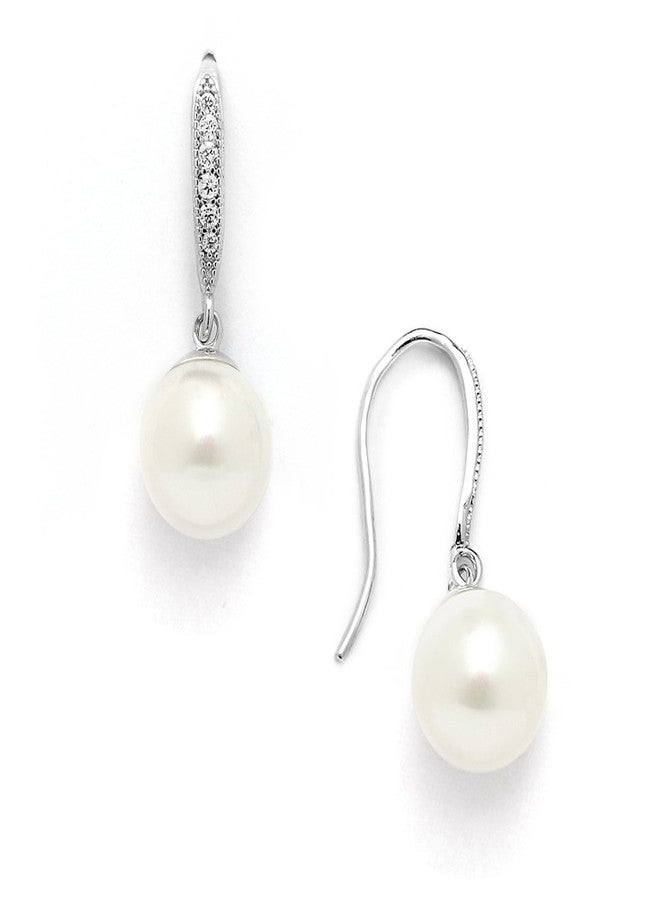 Mariell Pearl Drop Earrings, 8mm, French Wire Top with CZ Crystal for Bride, Wedding or Birthday Gift - Image 1