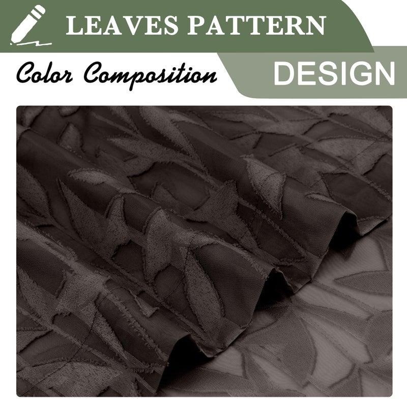Lecloud Leia Sheer Chocolate Brown Window Curtains for Kitchen 14 Inch Length 2 PCS, Dual Rod Pockets Window Living Room Curtain Valance, Jacquard Clip Textured Leaf Short Bedroom Drapes, 38 W x 14 L - Image 3