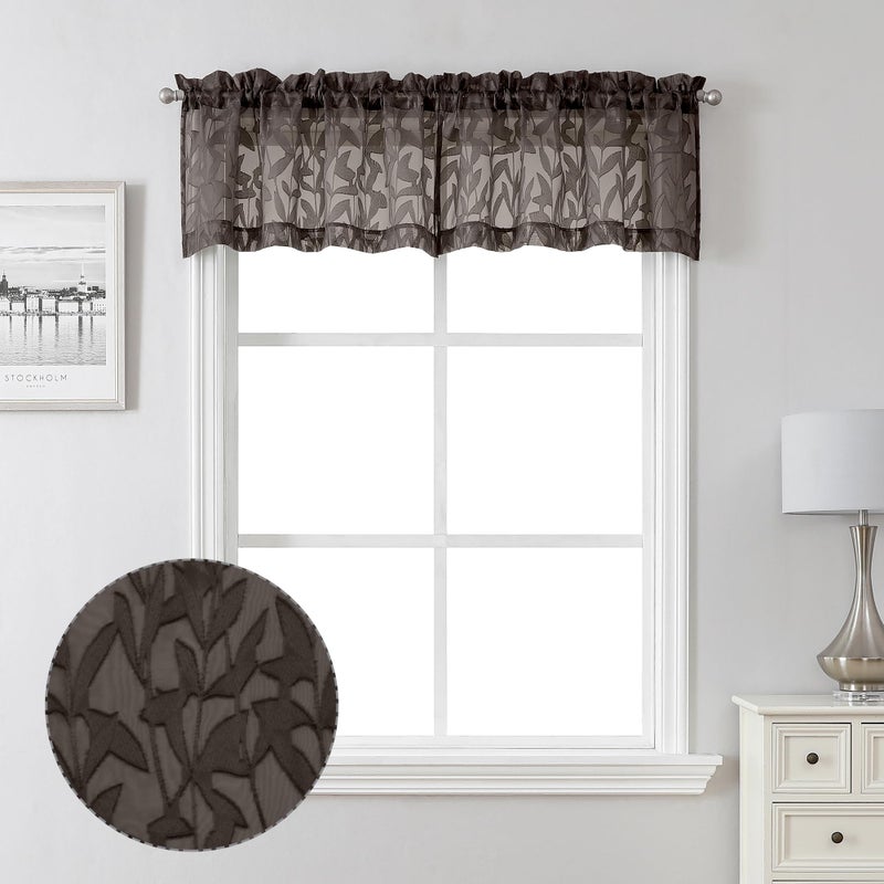 Lecloud Leia Sheer Chocolate Brown Window Curtains for Kitchen 14 Inch Length 2 PCS, Dual Rod Pockets Window Living Room Curtain Valance, Jacquard Clip Textured Leaf Short Bedroom Drapes, 38 W x 14 L - Image 1