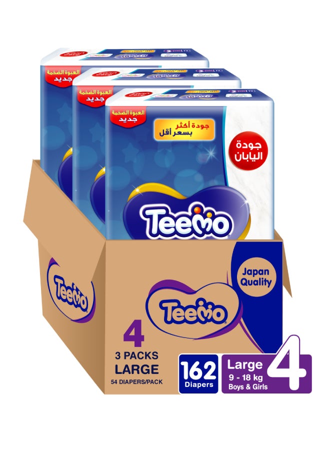 Teemo Baby Diapers Size 4 Large 9-18 kg Mega Box 3 x 54 Diapers  - Image 1