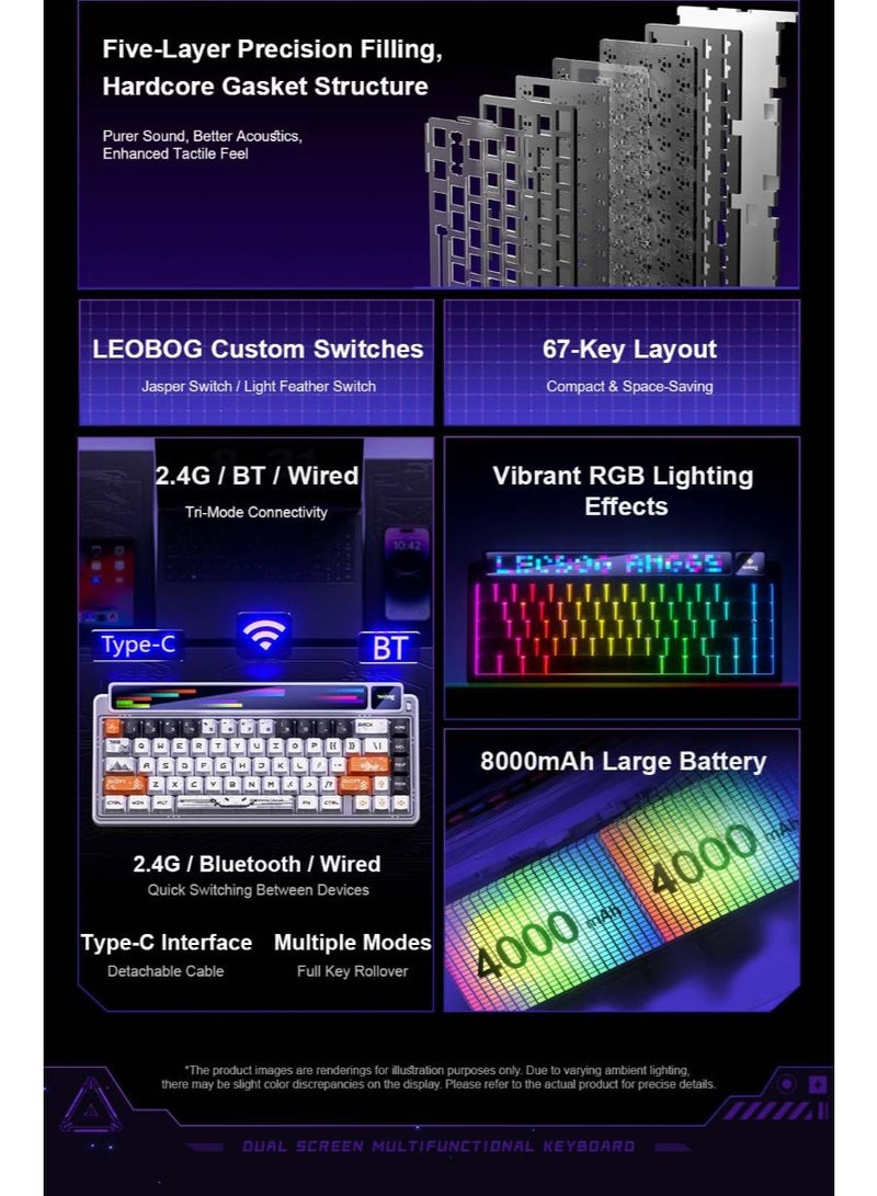 AULA LEOBOG AMG65 Tri-Mode Mechanical Keyboard 67 Keys Dual Screen Display 8000mAh Long Battery Ultra Quiet Typing (Black-Light Feather Axis) - Image 5
