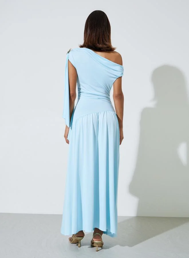 Styli  Blue Asymmetric Neck Draped Maxi Dress for Women | Best Price UAE