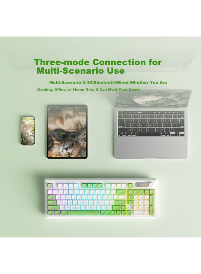 Ausdom Mete98x Small Tilt Three-mode Wireless Bluetooth Keyboard Office Mechanical Feel Ergonomic Three-mode Gaming Computer Laptop Universal 98-key Female Series - Green White - Image 2