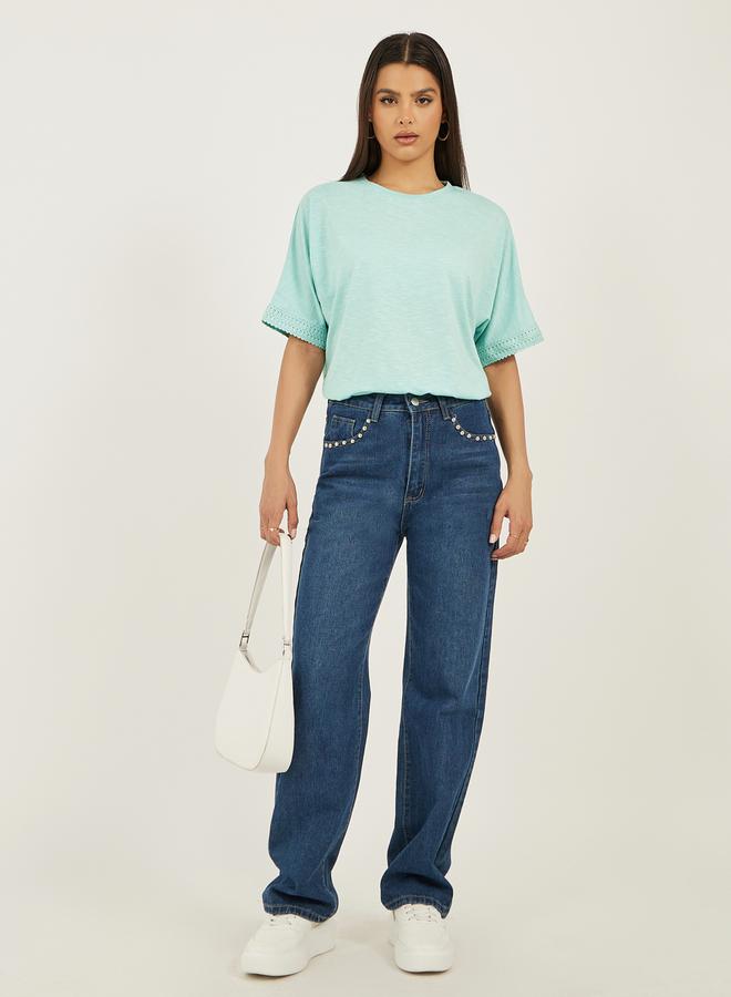 Styli Slubbed Short Sleeves Boxy T-Shirt with Lace Detail  - Image 3