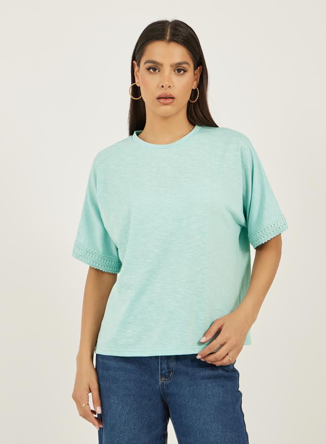 Styli Slubbed Short Sleeves Boxy T-Shirt with Lace Detail  - Image 2