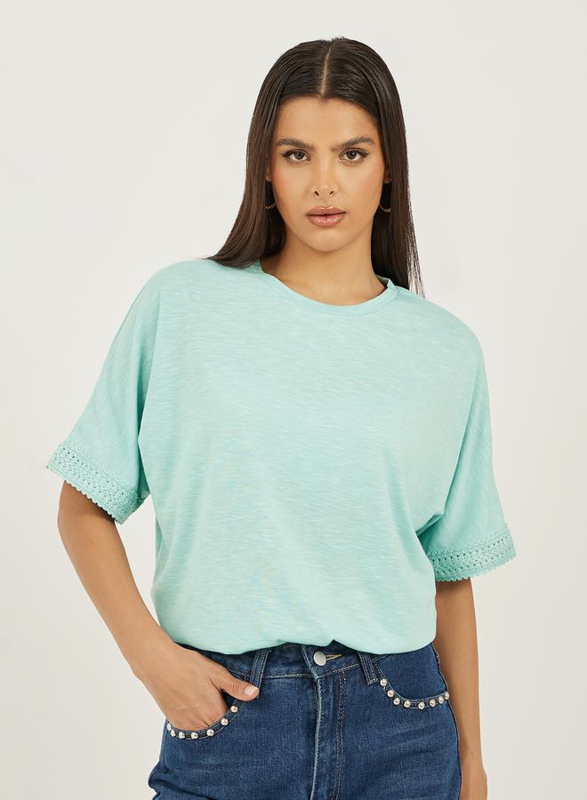 Styli Slubbed Short Sleeves Boxy T-Shirt with Lace Detail  - Image 1