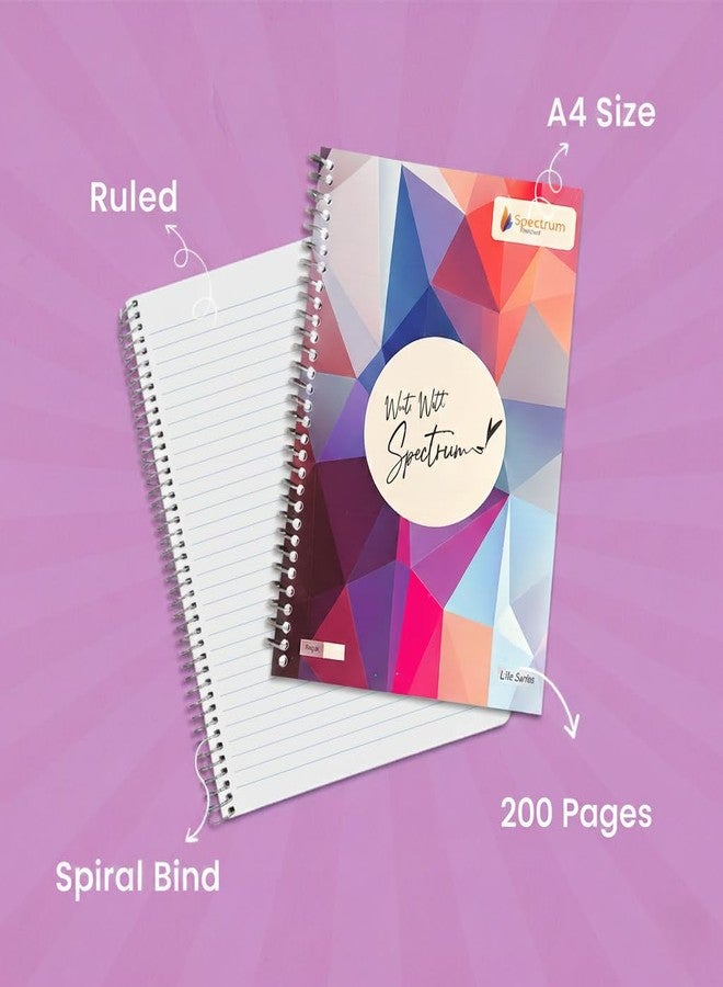 Spectrum Spiral Bound Notebook, A4 Size, Ruled, 200 Pages, Multicolor Geometric Design, Hard Cover, Pack of 4 - Image 3