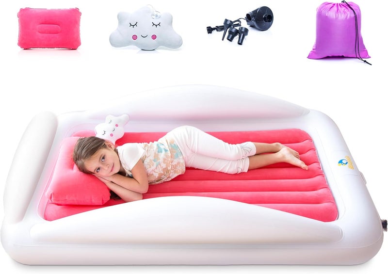 Sleepah Inflatable Toddler Travel Bed Portable Kids Air Mattress Set w Safety Rail Guards for Kids  Toddlers  Includes Pump Carry Case Pillow  More  Perfect Transitional Cot Coral - Image 1