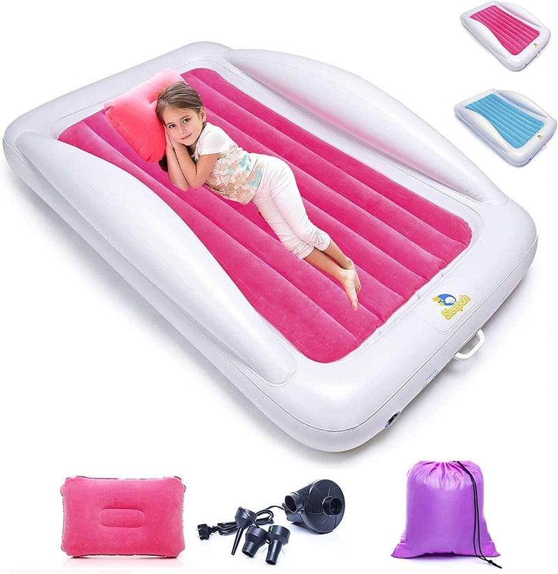 Sleepah Inflatable Toddler Travel Bed Portable Kids Air Mattress Set w Safety Rail Guards for Kids  Toddlers  Includes Pump Carry Case Pillow  More  Perfect Transitional Cot Coral - Image 4