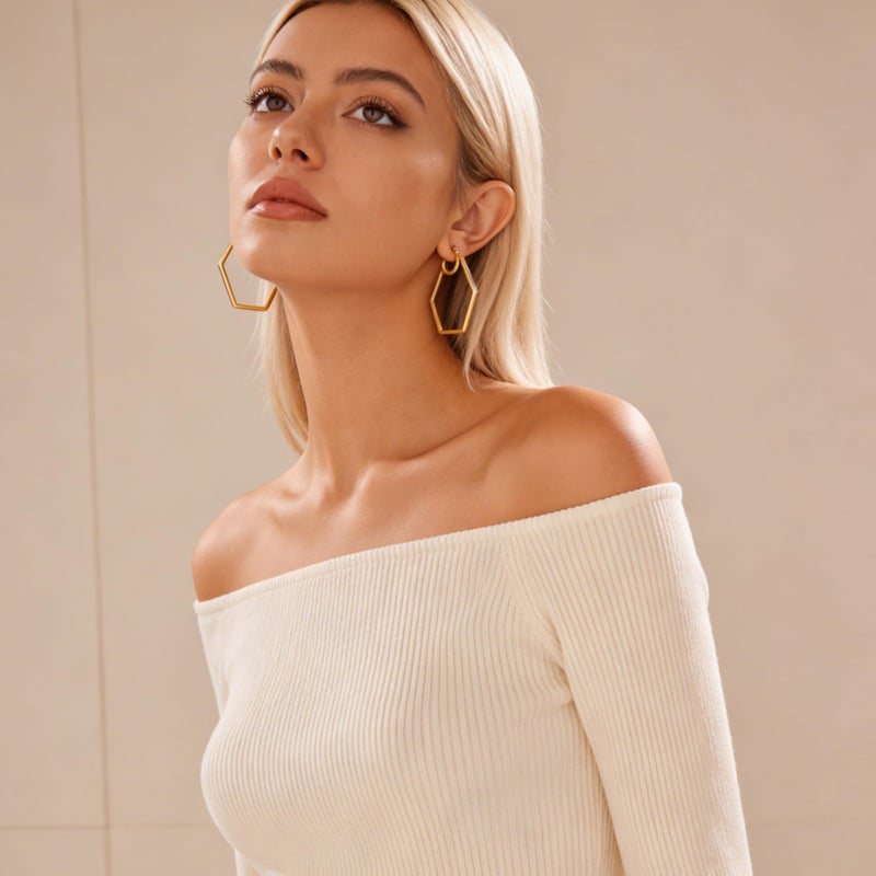 YUJIE 14k Gold Plated Hexagon Hoop Earrings for Women Chunky Geometric Large Hoop Earrings for Daily & Party Wear - Image 3
