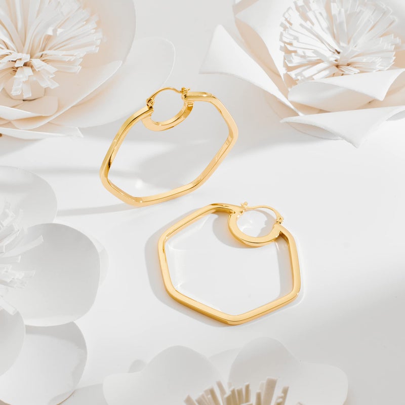 YUJIE 14k Gold Plated Hexagon Hoop Earrings for Women Chunky Geometric Large Hoop Earrings for Daily & Party Wear - Image 5