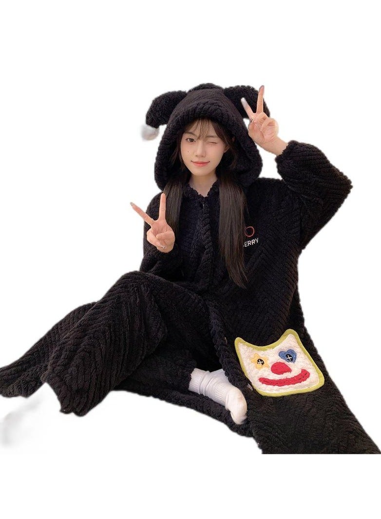 KUYING Winter Jacquard large Velvet Pajamas With A Two-Piece Hooded Set For Home Wear And Pajamas - Image 1