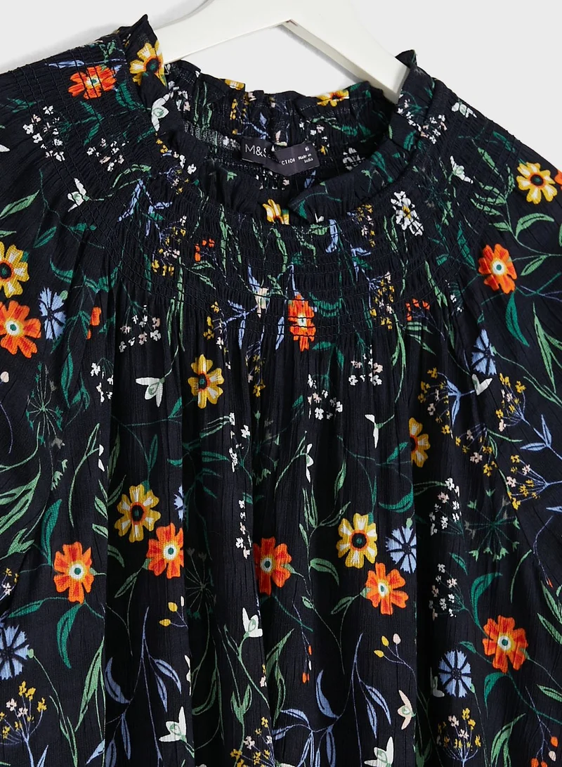 Marks & Spencer Cotton Blend Printed Shirred Blouse