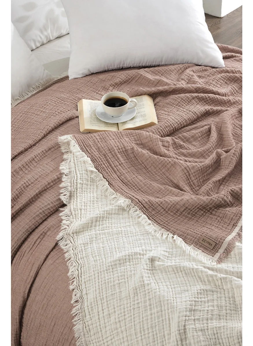 زيبا 3 Layer Muslin Double Bedspread Double Sided Coffee-Ecru Tasseled Muslin