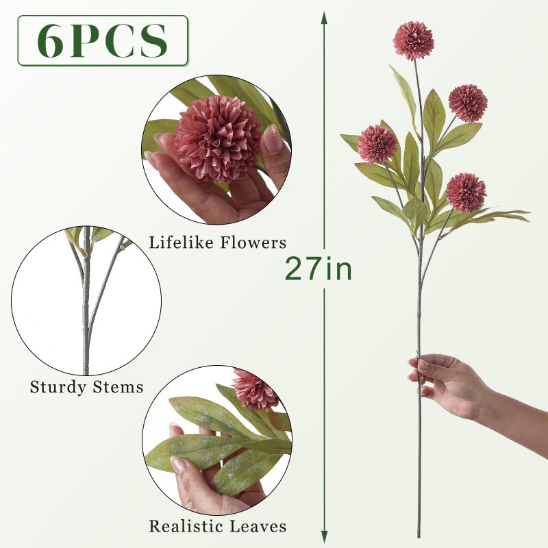 VIERENA 6 Pcs Faux Silk Pompon Mum Artificial Flowers for Vase -27", Bulk Fake Chrysanth Branches with Stems for DIY Bouquet Centerpieces Wedding Fillers Arrangements Shower Decorations (Warm Pink) - Image 5