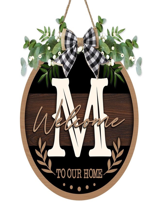 Bolisom Monogram Letter M Front Door Sign, Welcome to Our Home Family Last Name Initial Wooden Hanger Decor Housewarming Wedding Gifts, Farmhouse Rustic Wreath Indoor Wall Hanging Decoration with Bow - Image 1
