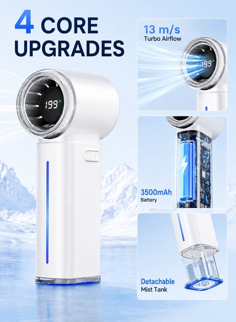 OULIYO Portable Handheld Turbo Fan with Cooling Mist, 3500mAh Rechargeable Personal Fan, 199-Speed Control, 13m/s Powerful Airflow, LED Display and Detachable Water Tank, White - Image 5