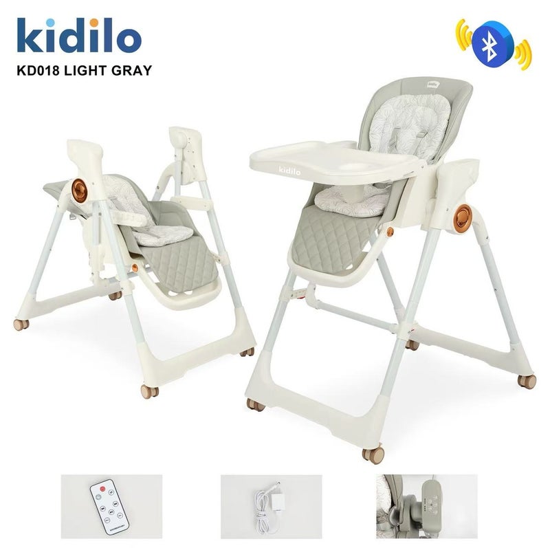 Kidilo KD018 Electric Baby High Chair & Rocking Swing | Bluetooth Music, Remote Control & Control Panel | Detachable Feeding Tray | Adjustable Recline | 5-Point Harness | Foldable Design | Lockable Wheels