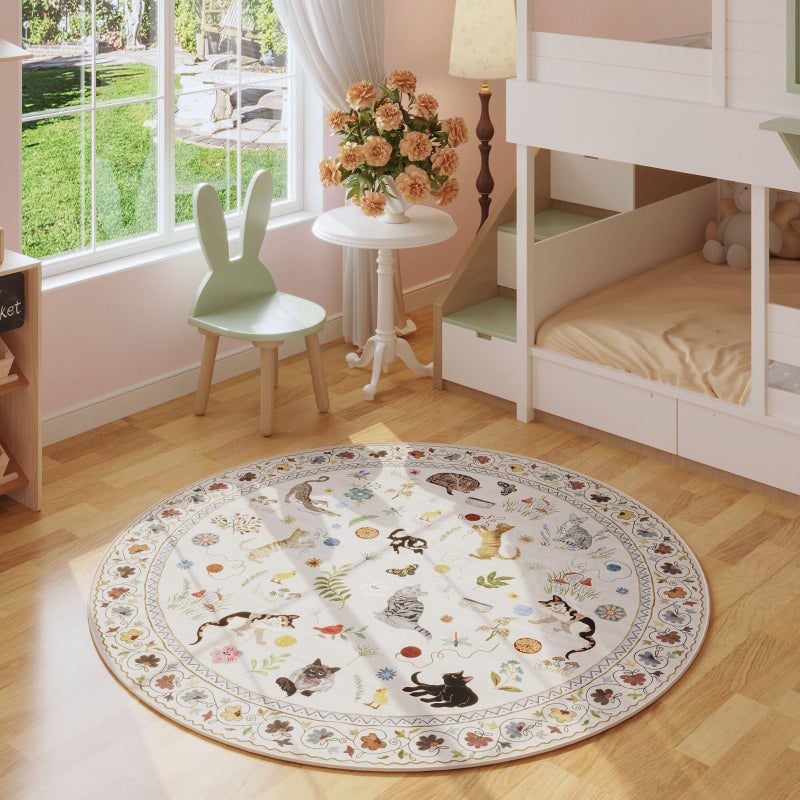 Rugcomf Round Rug 4ft Washable Circle Rug Non Slip Low Pile Boho Floral Animal Cat Small Circular Rug for Bedroom Bathroom Entryway Kids Room Office College Dorm, Beige - Image 2