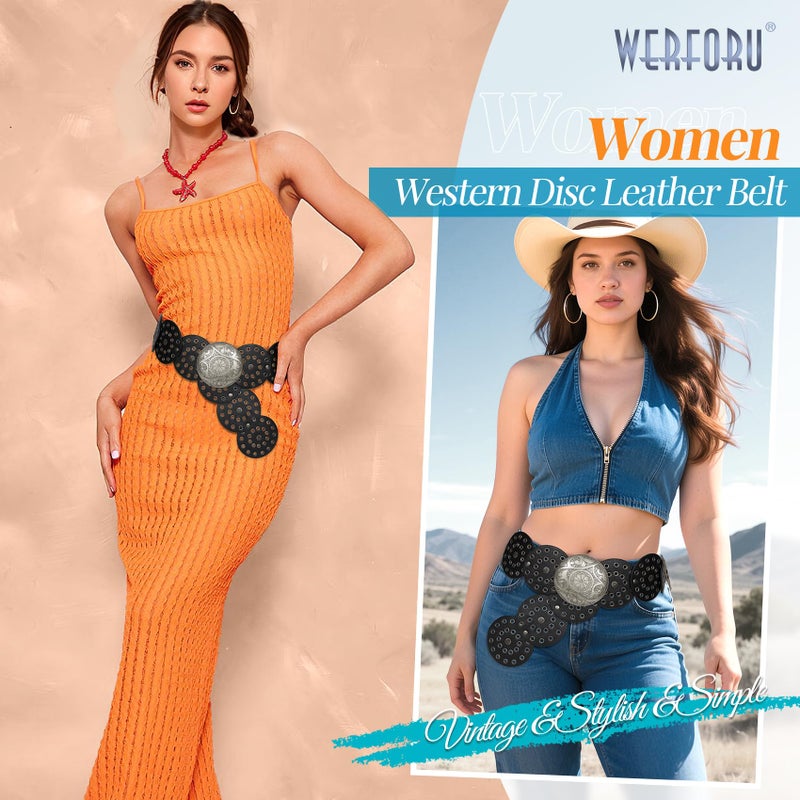 WERFORU Women Vintage Leather Belt Western Disc Waist Belts Ladies Western Belt Boho Belt for Dress Jean (41":Fit Waist Size Below 37",Black-Silver Buckle) - Image 3