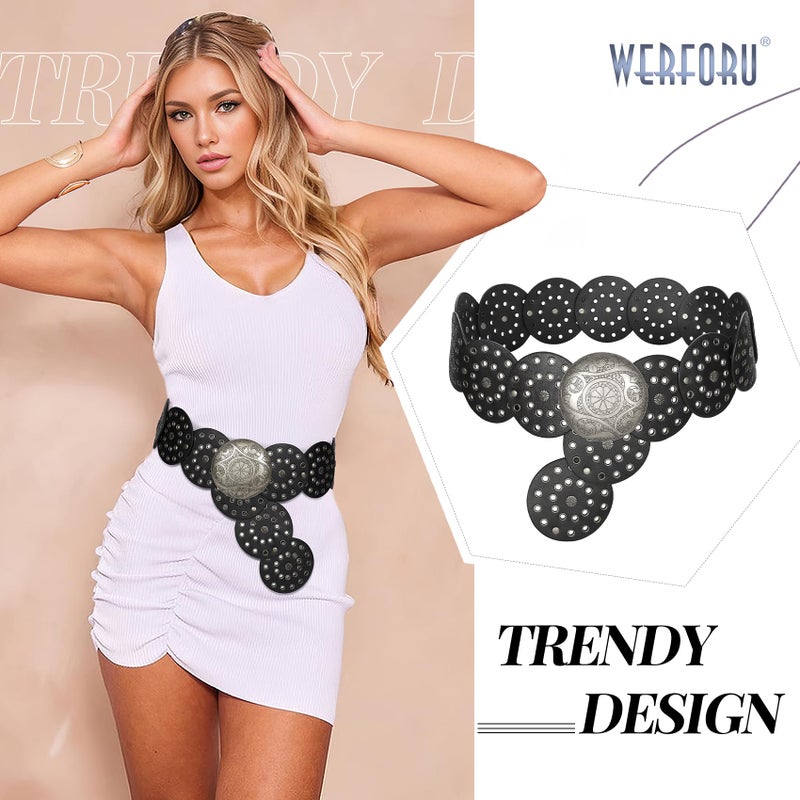 WERFORU Women Vintage Leather Belt Western Disc Waist Belts Ladies Western Belt Boho Belt for Dress Jean (41":Fit Waist Size Below 37",Black-Silver Buckle) - Image 2