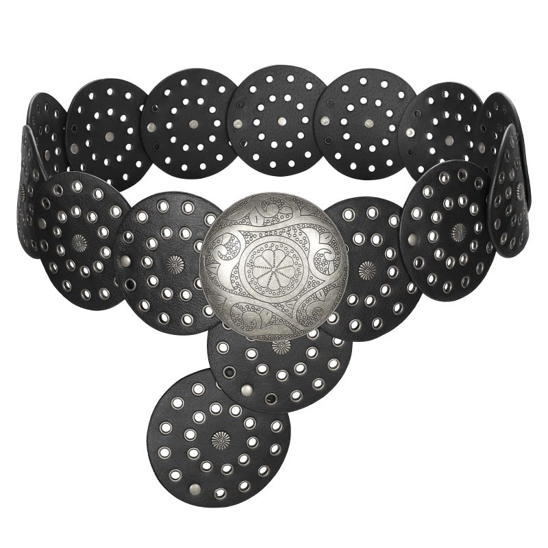 WERFORU Women Vintage Leather Belt Western Disc Waist Belts Ladies Western Belt Boho Belt for Dress Jean (41":Fit Waist Size Below 37",Black-Silver Buckle) - Image 1