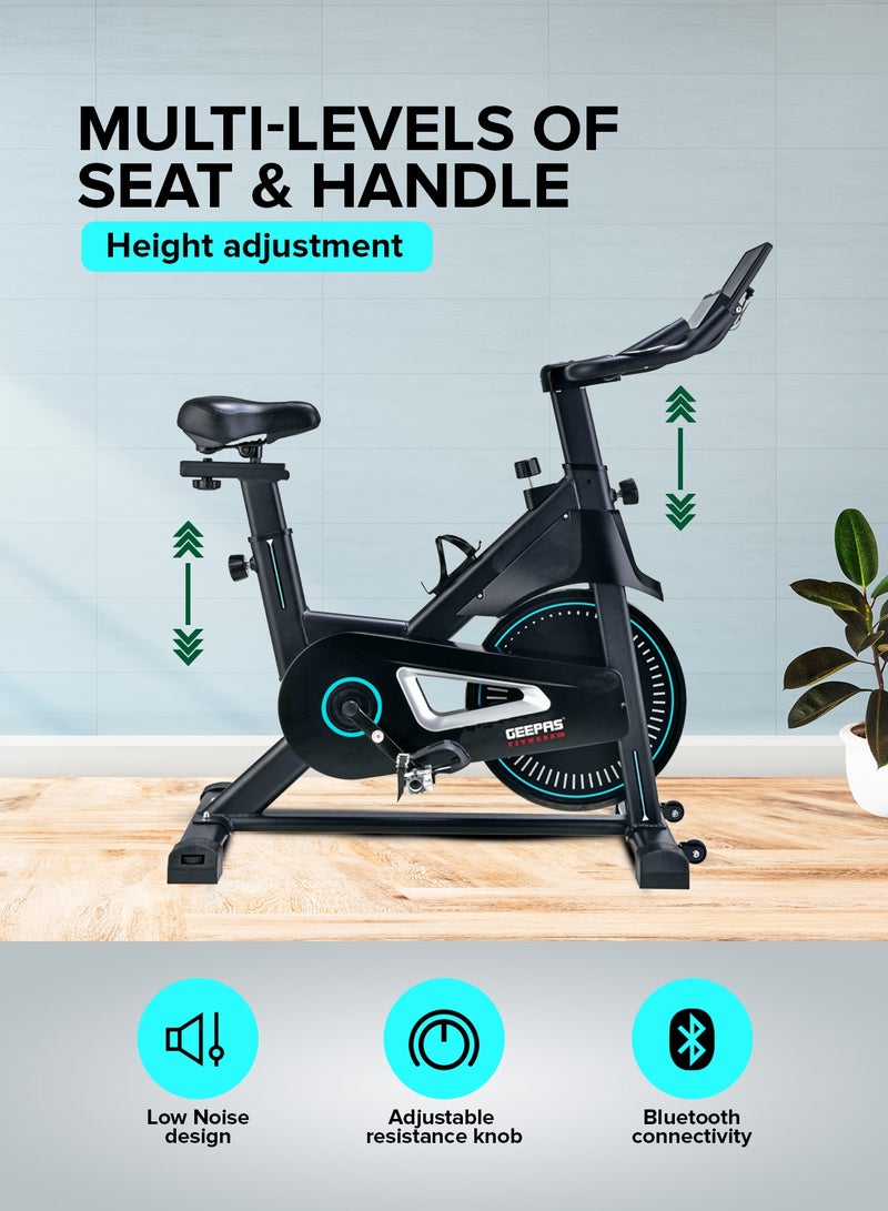 Spin Bike Low Noise, with Built-In Bluetooth and Digital Display/ Adjustable Resistance, Customizable, Double Handle Design, Heart Rate Sensor/ Perfect for Exercise, Home Workout, Weight Loss Training, Endurance Building, Fitness/ Black, 2 Years Warranty