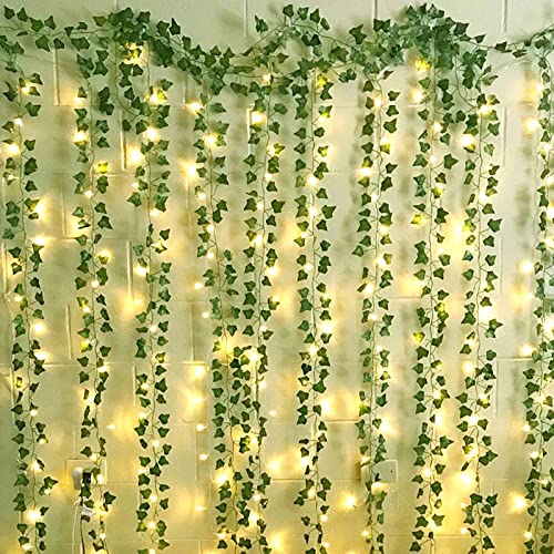 DEKEones 12 Packs Artificial Ivy, 84FT Garland Hanging Plants Fake Vines with 200 LED String Light for Bedroom Wedding Party Garden Wall Room Home Decor - Image 1