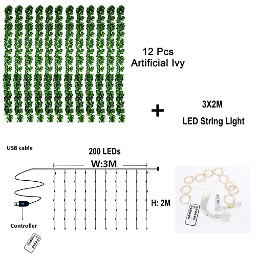 DEKEones 12 Packs Artificial Ivy, 84FT Garland Hanging Plants Fake Vines with 200 LED String Light for Bedroom Wedding Party Garden Wall Room Home Decor - Image 2
