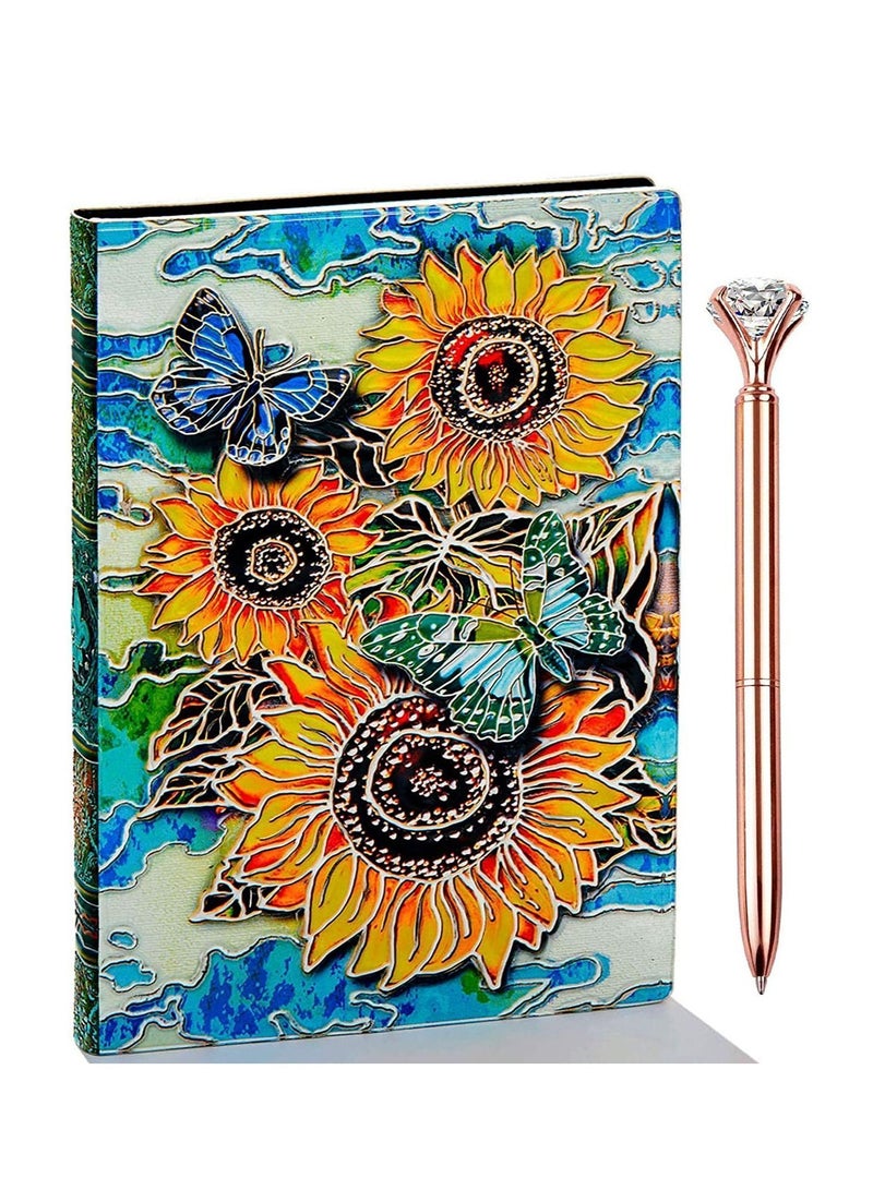 3D Sunflower Journal Writing Notebook with Diamond Pen Set, Antique Handmade Leather Daily Notepad Sketchbook, Travel DiaryNotebooks to Write in, Gift for Girls Women (Sunflower-Color) - Image 1