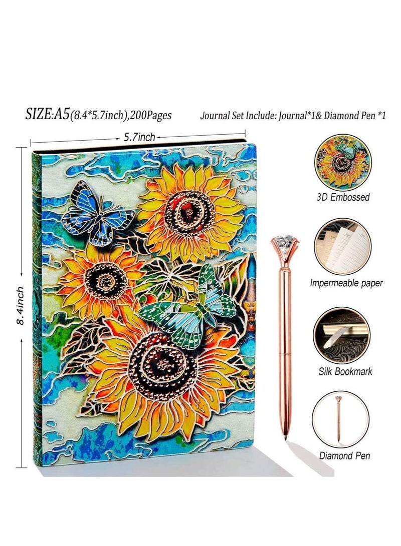 3D Sunflower Journal Writing Notebook with Diamond Pen Set, Antique Handmade Leather Daily Notepad Sketchbook, Travel DiaryNotebooks to Write in, Gift for Girls Women (Sunflower-Color) - Image 5