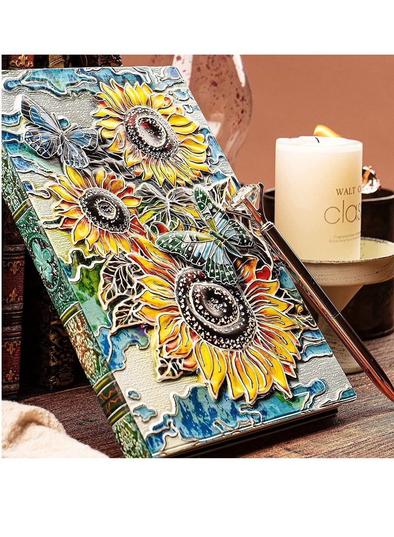 3D Sunflower Journal Writing Notebook with Diamond Pen Set, Antique Handmade Leather Daily Notepad Sketchbook, Travel DiaryNotebooks to Write in, Gift for Girls Women (Sunflower-Color) - Image 3
