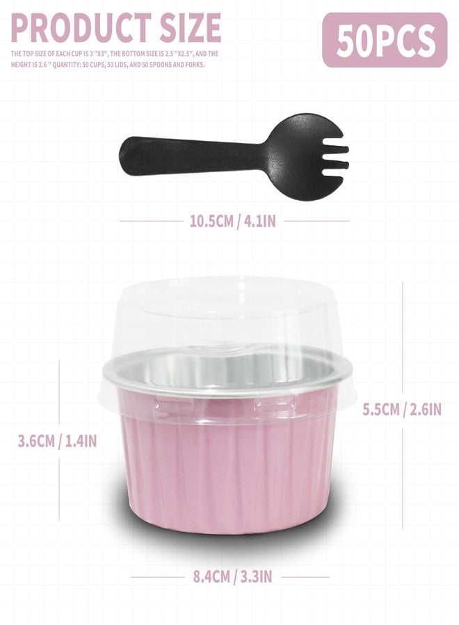 YOIYINI 50Pcs Mini Aluminum Foil Cupcake,5oz Baking Cups with Lids,Mini Cake Pans Disposable,Loaf Pans with Lids,Disposable Ramekins,Tin Cups Containers for Cupcake,Pudding,Muffin,Cheesecake (50, Pink - Image 2