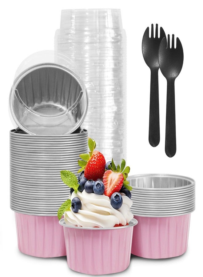 YOIYINI 50Pcs Mini Aluminum Foil Cupcake,5oz Baking Cups with Lids,Mini Cake Pans Disposable,Loaf Pans with Lids,Disposable Ramekins,Tin Cups Containers for Cupcake,Pudding,Muffin,Cheesecake (50, Pink - Image 1