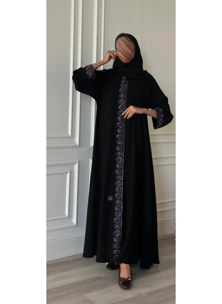 Abaya Rafal Black Korean Linen with Floral Embroidery and Snap Closure - Image 2