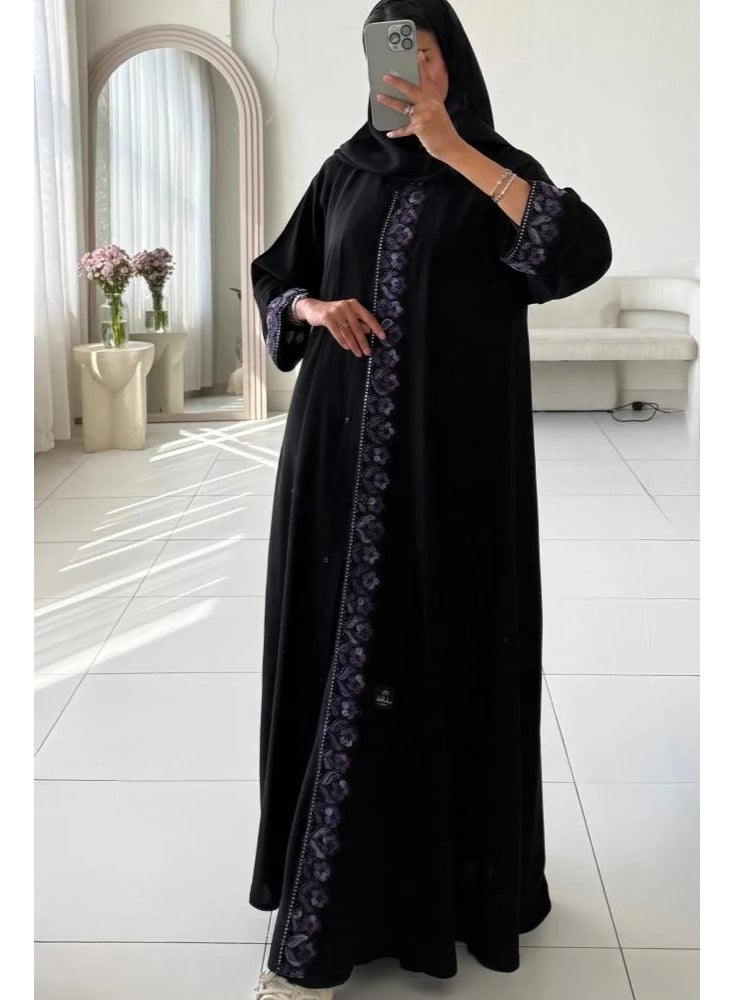 Abaya Rafal Black Korean Linen with Floral Embroidery and Snap Closure - Image 1