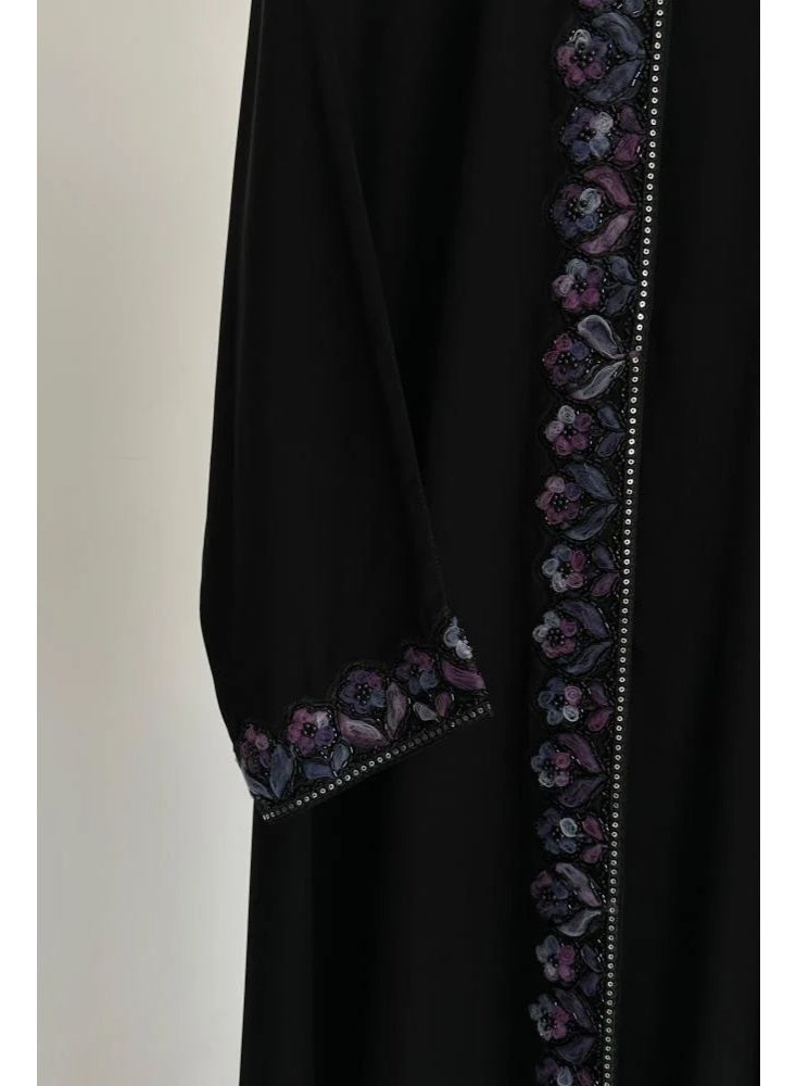 Abaya Rafal Black Korean Linen with Floral Embroidery and Snap Closure - Image 3