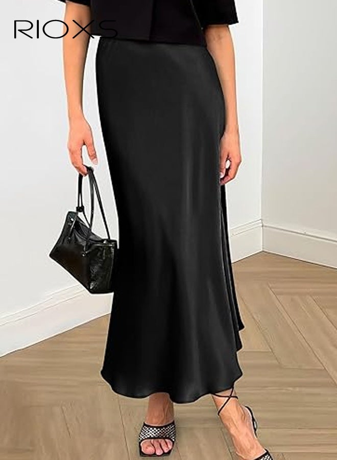 RIOXS Women's Satin A Line Midi Skirt, Dressy Flowy High Waisted Cocktail Wedding Skirt, Casual Fall Summer Vacation Outfits for Ladies - Image 4