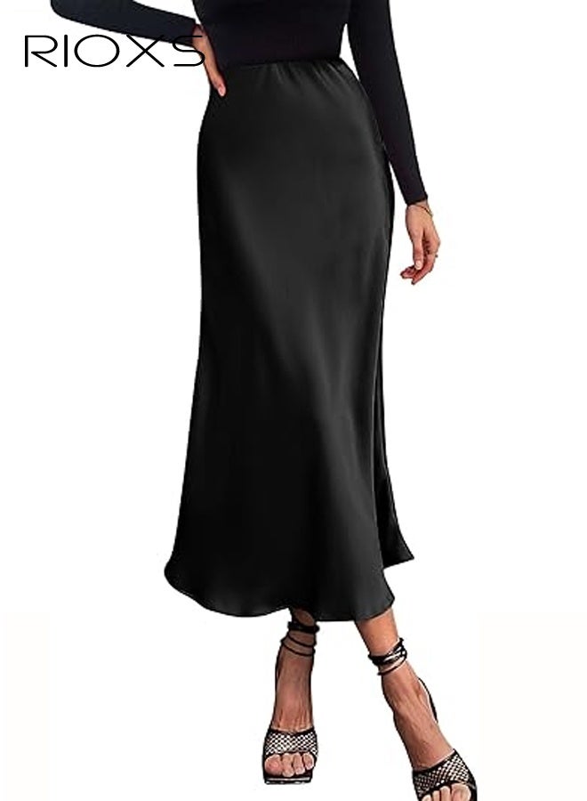 RIOXS Women's Satin A Line Midi Skirt, Dressy Flowy High Waisted Cocktail Wedding Skirt, Casual Fall Summer Vacation Outfits for Ladies - Image 1