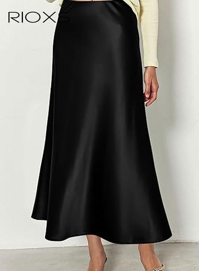 RIOXS Women's Satin A Line Midi Skirt, Dressy Flowy High Waisted Cocktail Wedding Skirt, Casual Fall Summer Vacation Outfits for Ladies - Image 5