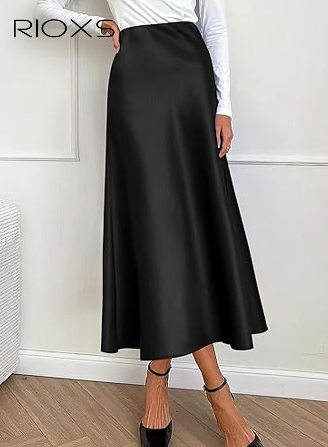 RIOXS Women's Satin A Line Midi Skirt, Dressy Flowy High Waisted Cocktail Wedding Skirt, Casual Fall Summer Vacation Outfits for Ladies - Image 3