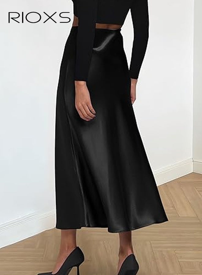 RIOXS Women's Satin A Line Midi Skirt, Dressy Flowy High Waisted Cocktail Wedding Skirt, Casual Fall Summer Vacation Outfits for Ladies - Image 2