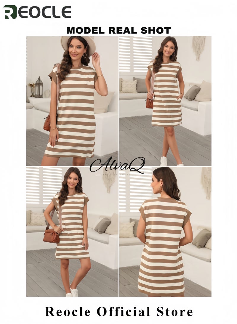 REOCLE Womens Striped Summer Dresses Crewneck Cap Sleeve Color Block Casual A Line Tshirt Dress with Pockets  - Image 5