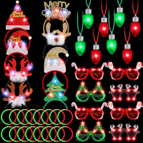HI-BOOM Hiboom 40 Pcs Light Up Christmas Headband Necklace Christmas Glasses Frame Fluorescent Wristbands Glowing in Dark Xmas Party Favor Set Glow Accessories for Holiday Party Favors Supplies - Image 1